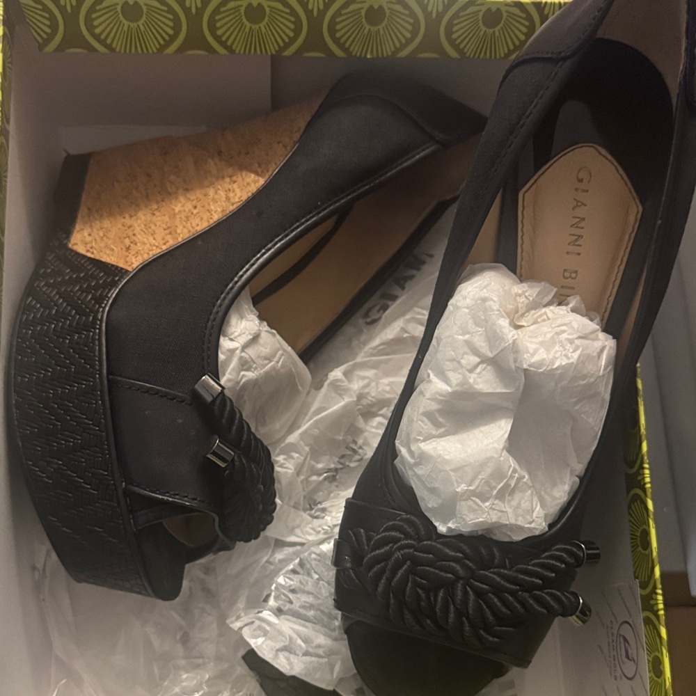 Gianni Bini Black Woven Rope Cork-Platform Peep-Toe Wedges - Rope Accent